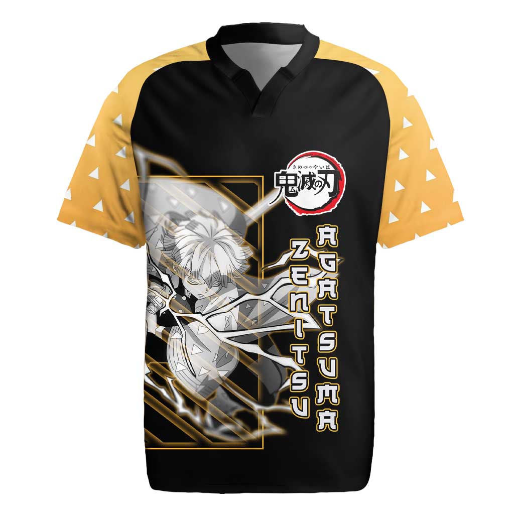 Agatsuma Zenitsu Demon Slayer Rugby Jersey with Yellow and Black Lightning Style Design - The Mazicc