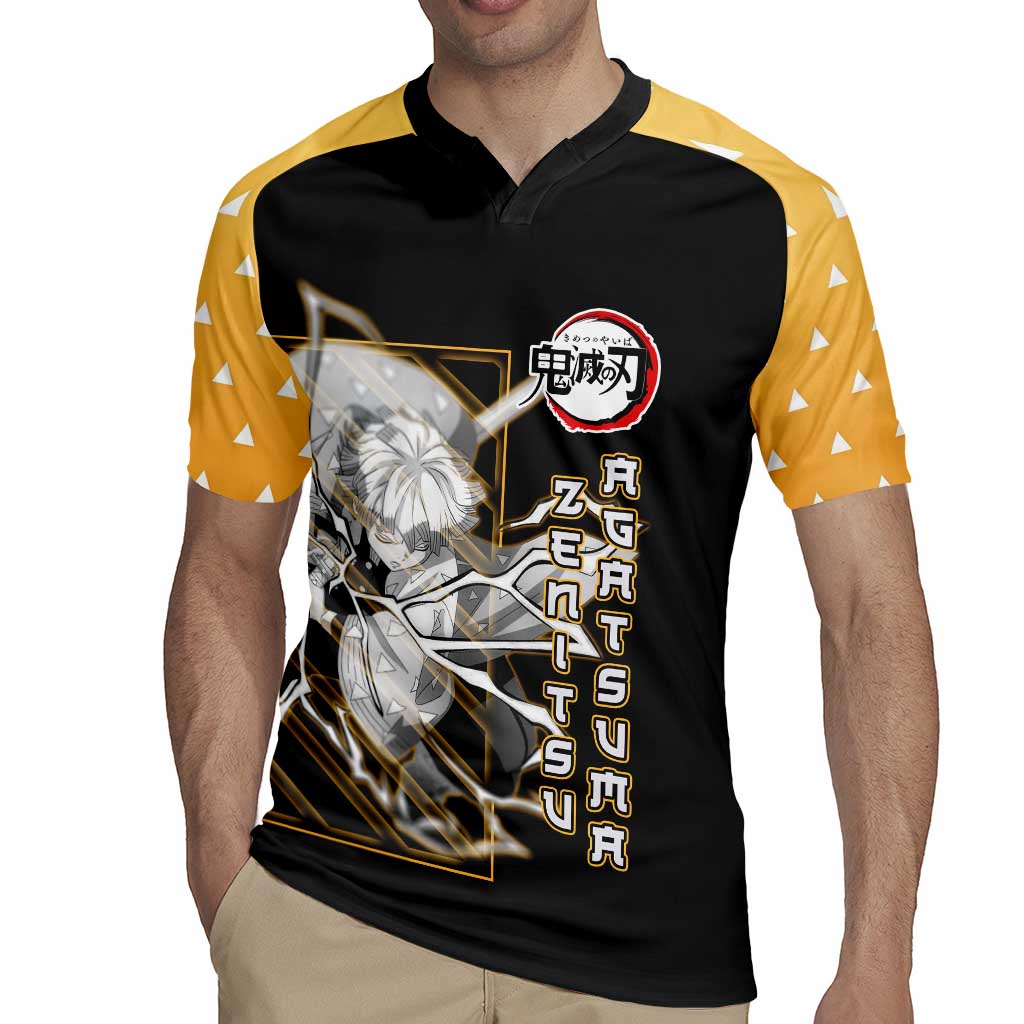 Agatsuma Zenitsu Demon Slayer Rugby Jersey with Yellow and Black Lightning Style Design - The Mazicc