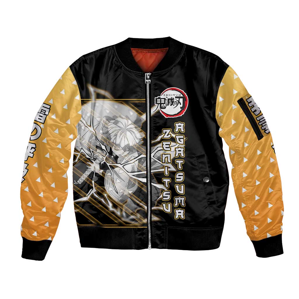 Agatsuma Zenitsu Demon Slayer Sleeve Zip Bomber Jacket with Yellow and Black Lightning Style Design - The Mazicc