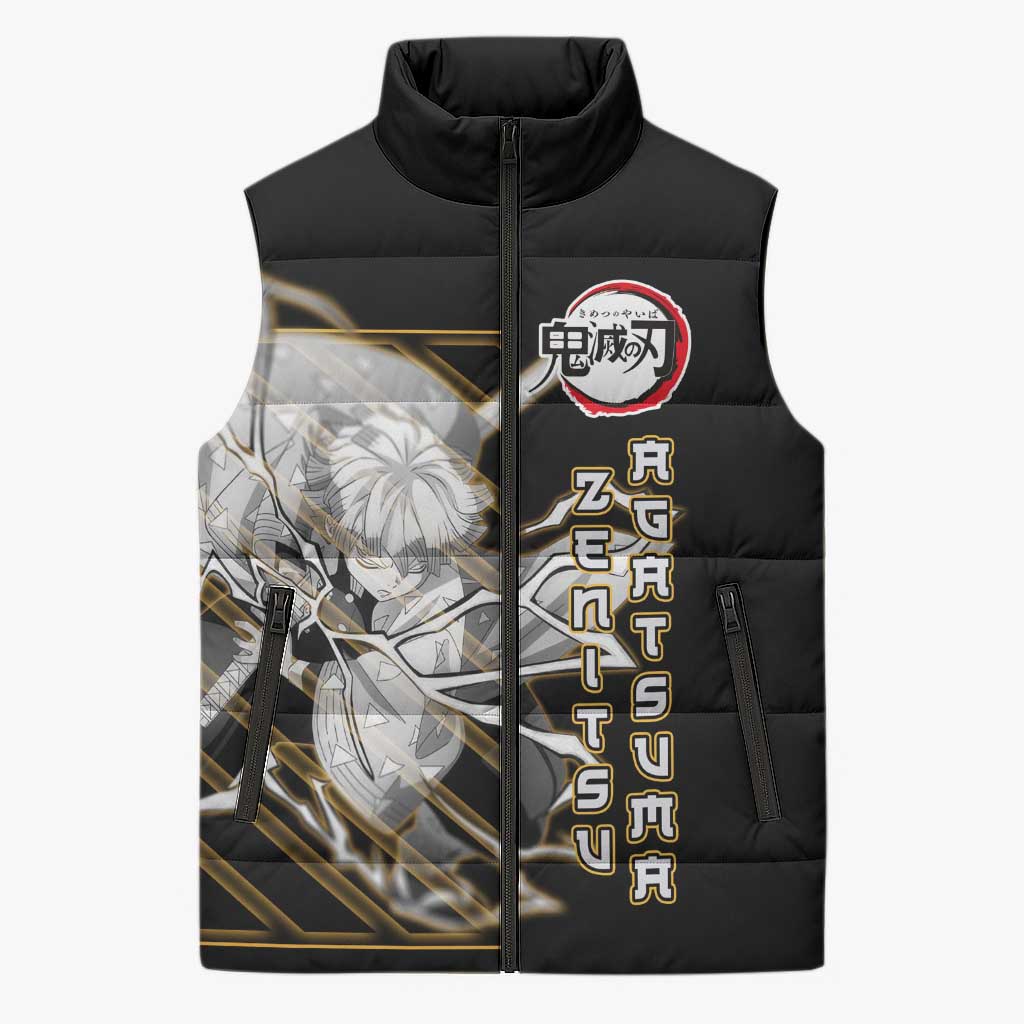 Agatsuma Zenitsu Demon Slayer Sleeveless Puffer Jacket with Yellow and Black Lightning Style Design - The Mazicc