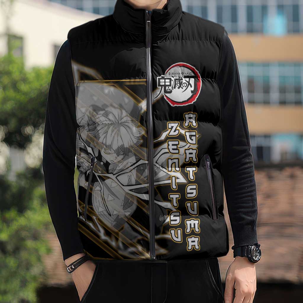 Agatsuma Zenitsu Demon Slayer Sleeveless Puffer Jacket with Yellow and Black Lightning Style Design - The Mazicc