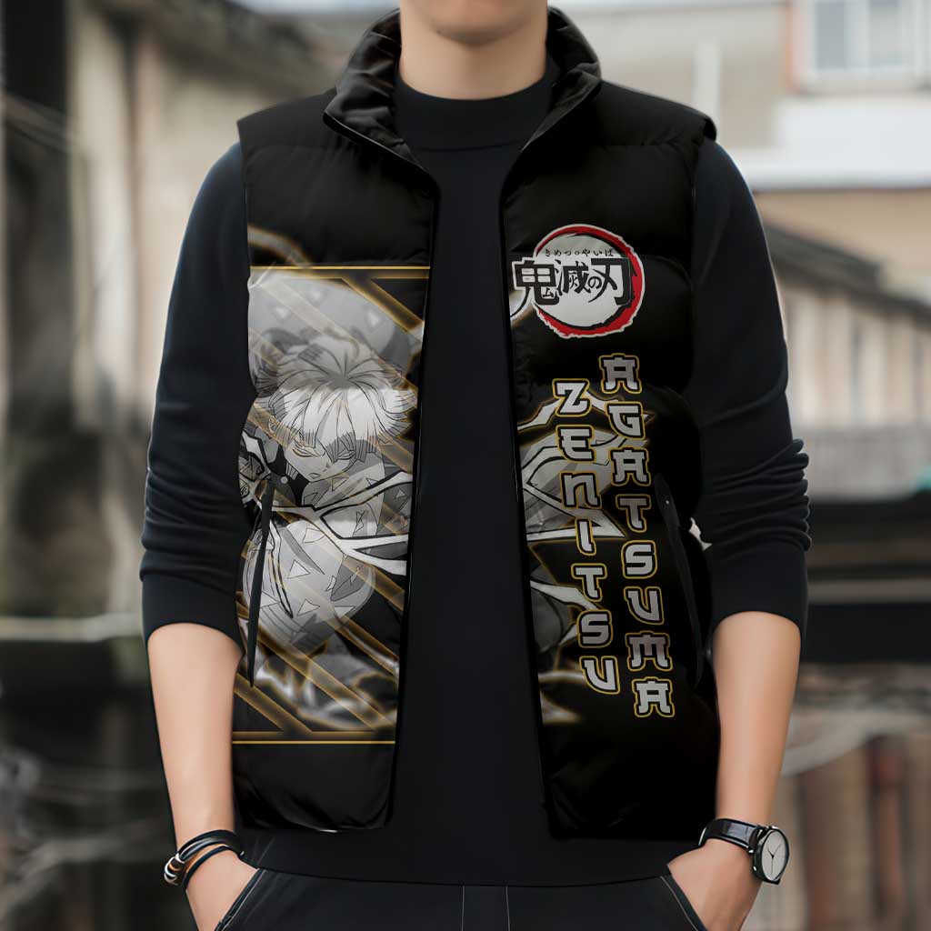 Agatsuma Zenitsu Demon Slayer Sleeveless Puffer Jacket with Yellow and Black Lightning Style Design - The Mazicc