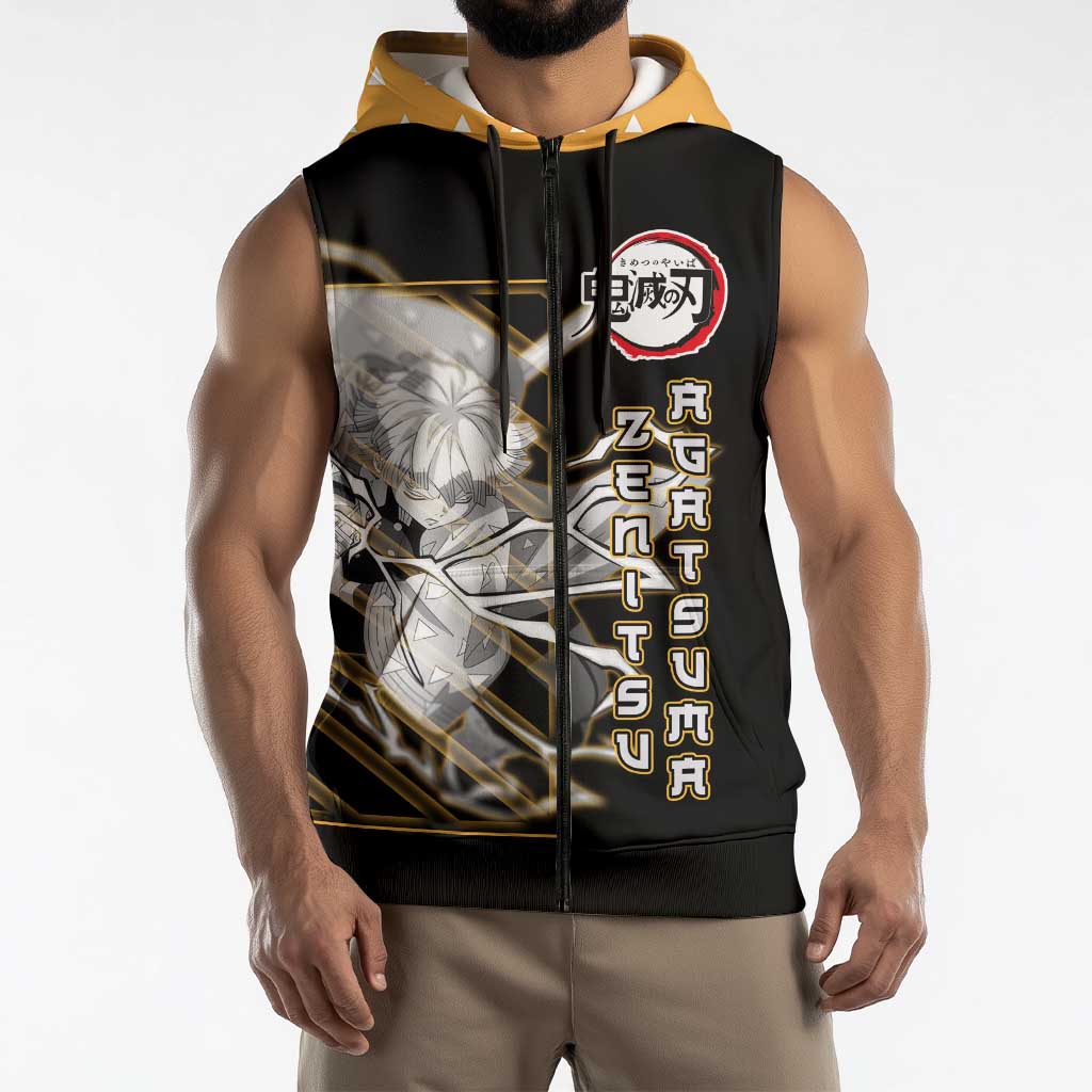 Agatsuma Zenitsu Demon Slayer Sleeveless Zip Hoodie with Yellow and Black Lightning Style Design - The Mazicc