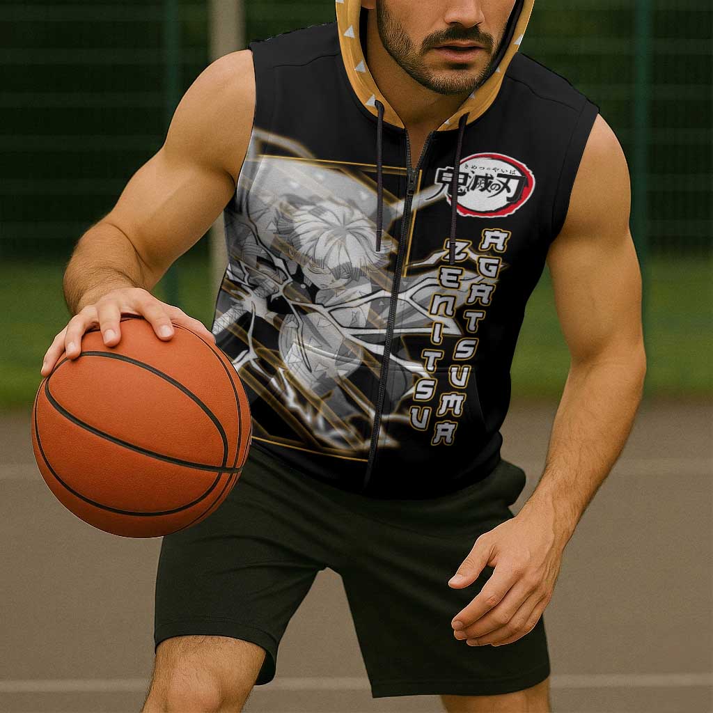 Agatsuma Zenitsu Demon Slayer Sleeveless Zip Hoodie with Yellow and Black Lightning Style Design - The Mazicc