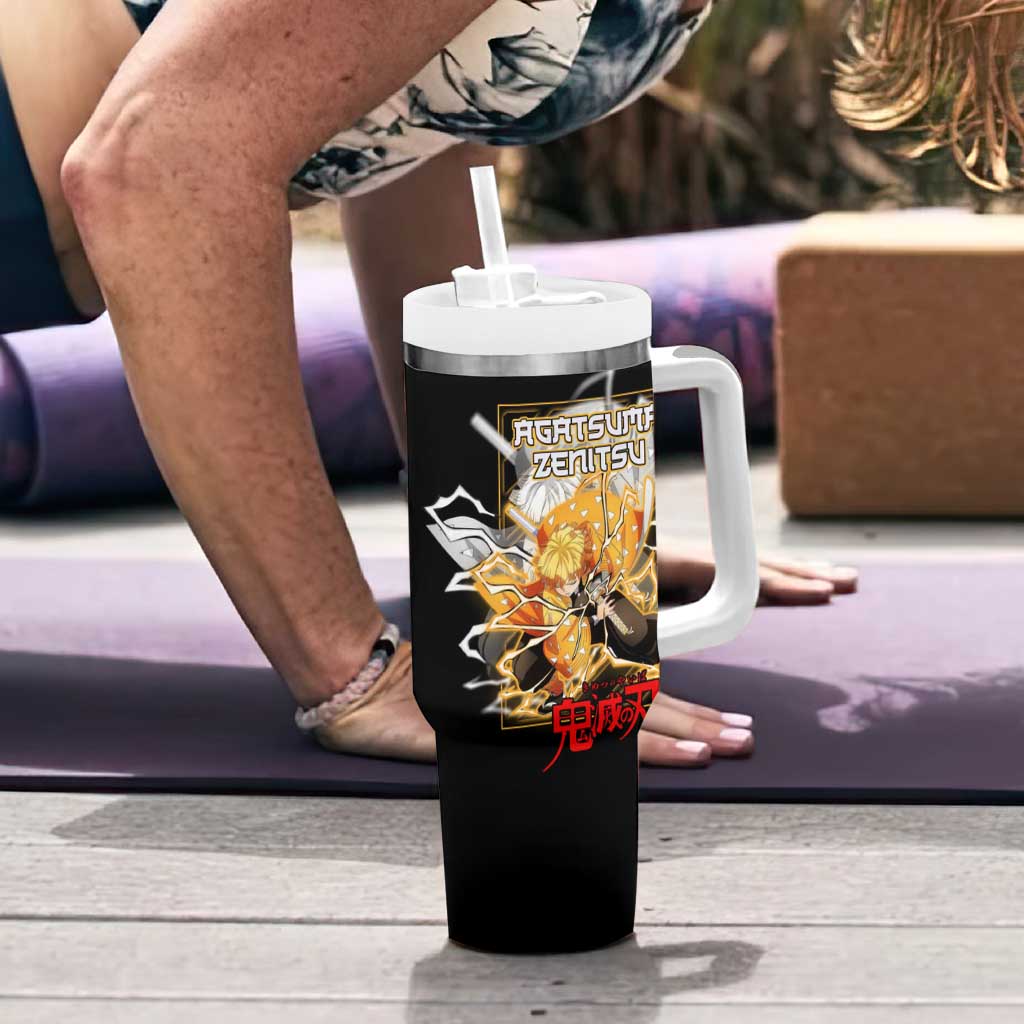 Agatsuma Zenitsu Demon Slayer Tumbler With Handle with Yellow and Black Lightning Style Design - The Mazicc