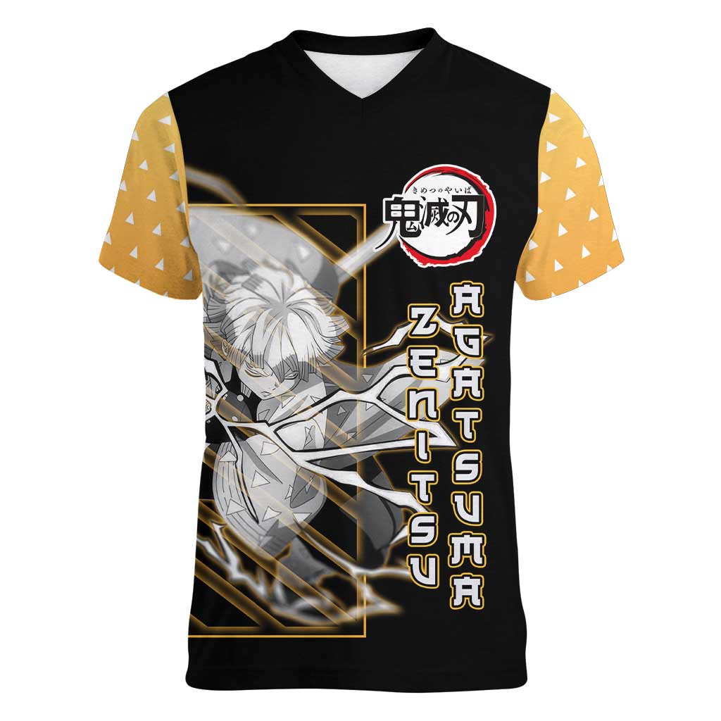 Agatsuma Zenitsu Demon Slayer Women V-Neck T-Shirt with Yellow and Black Lightning Style Design - The Mazicc
