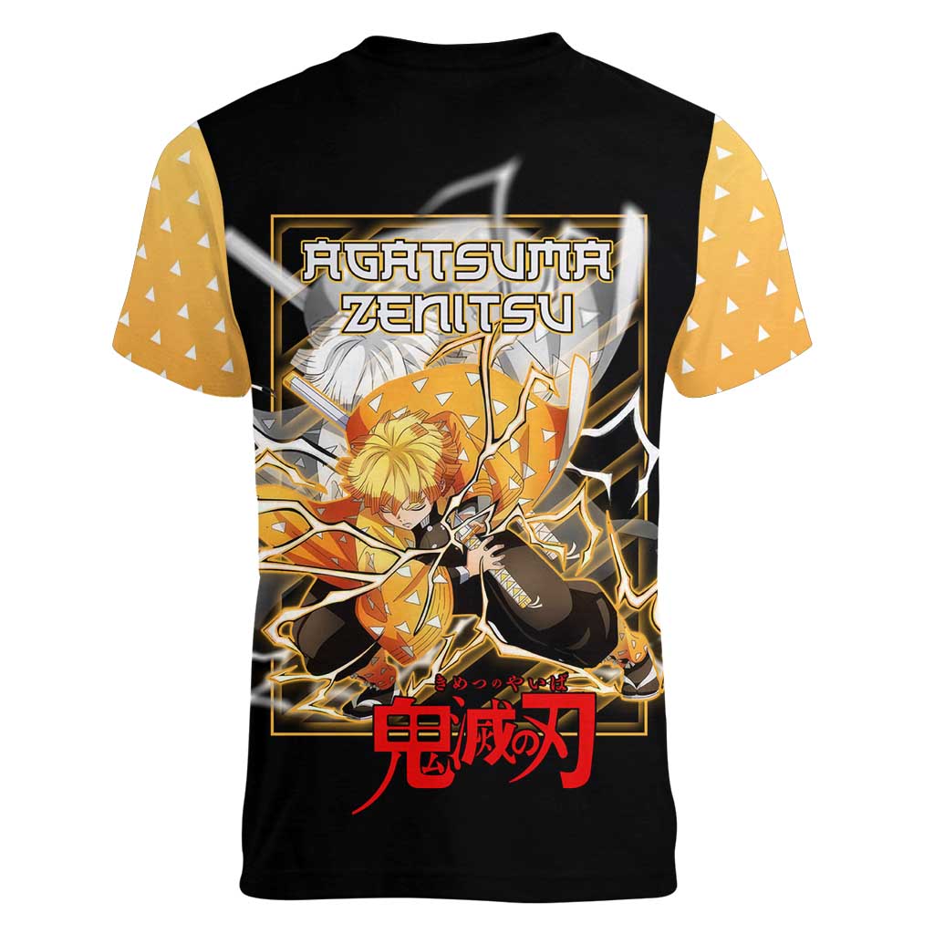 Agatsuma Zenitsu Demon Slayer Women V-Neck T-Shirt with Yellow and Black Lightning Style Design - The Mazicc