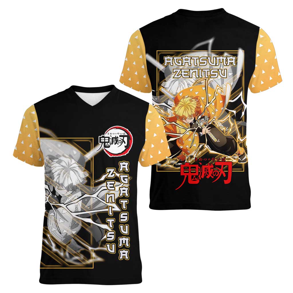 Agatsuma Zenitsu Demon Slayer Women V-Neck T-Shirt with Yellow and Black Lightning Style Design - The Mazicc