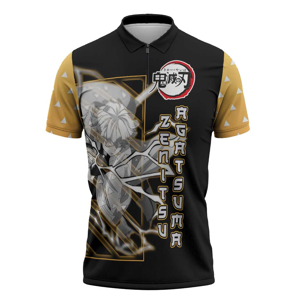 Agatsuma Zenitsu Demon Slayer Zipper Polo Shirt with Yellow and Black Lightning Style Design - The Mazicc