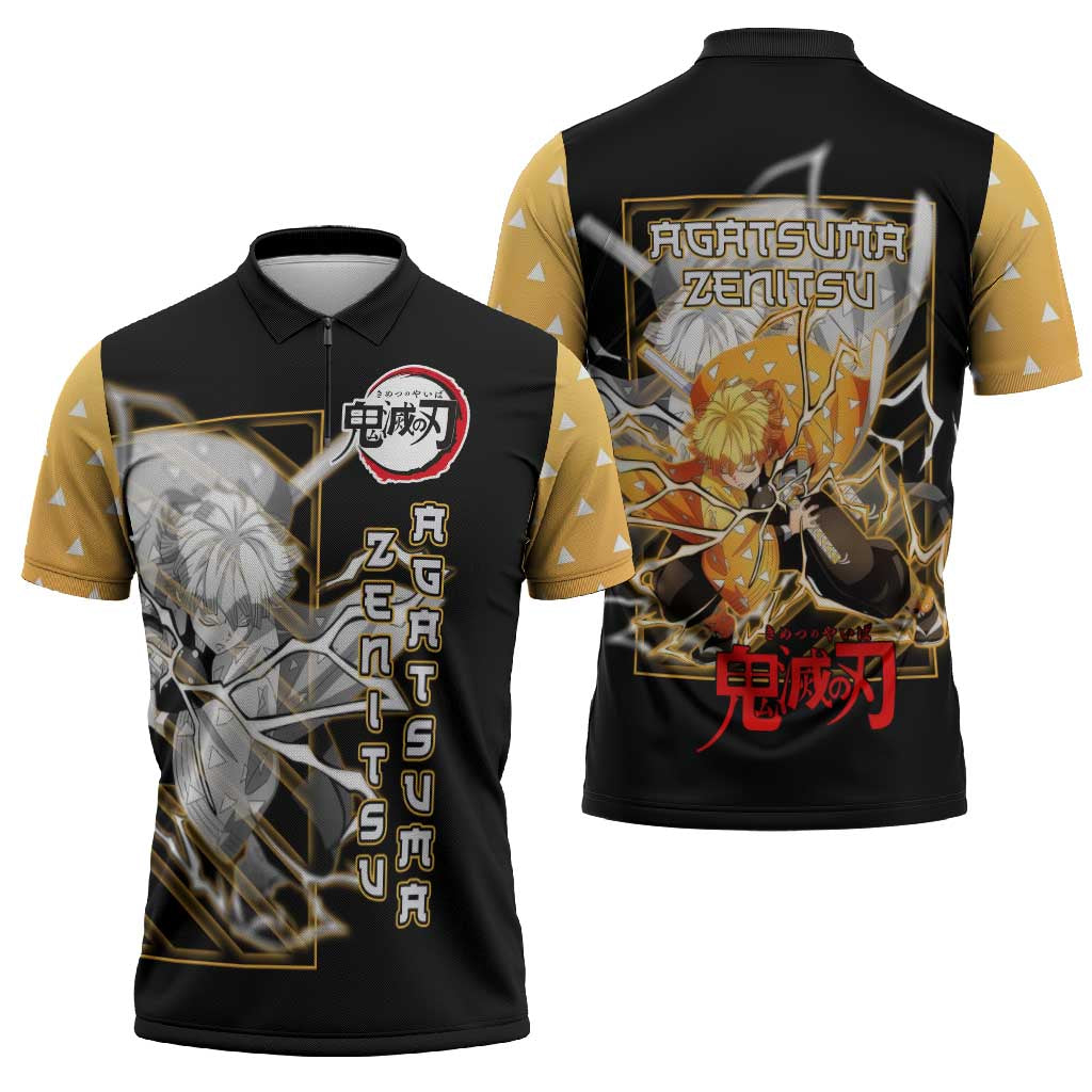 Agatsuma Zenitsu Demon Slayer Zipper Polo Shirt with Yellow and Black Lightning Style Design - The Mazicc