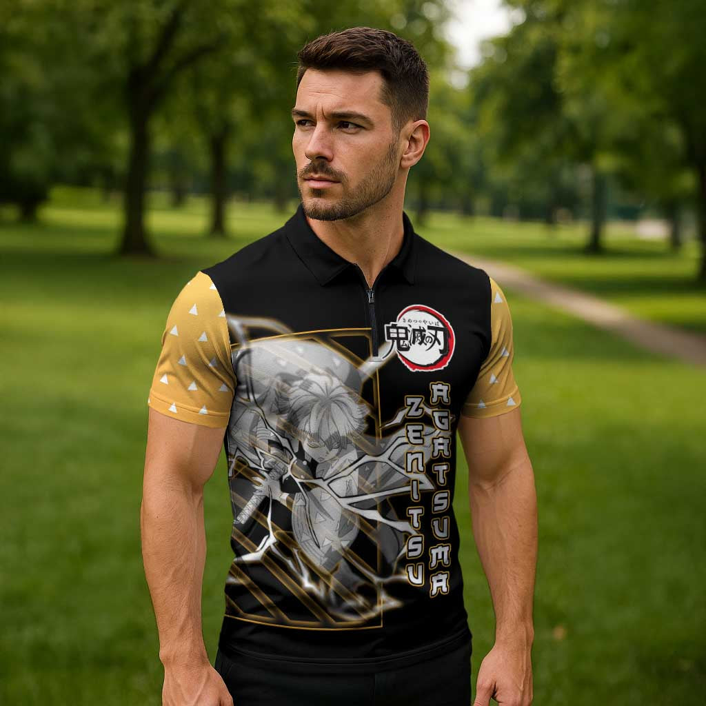 Agatsuma Zenitsu Demon Slayer Zipper Polo Shirt with Yellow and Black Lightning Style Design - The Mazicc
