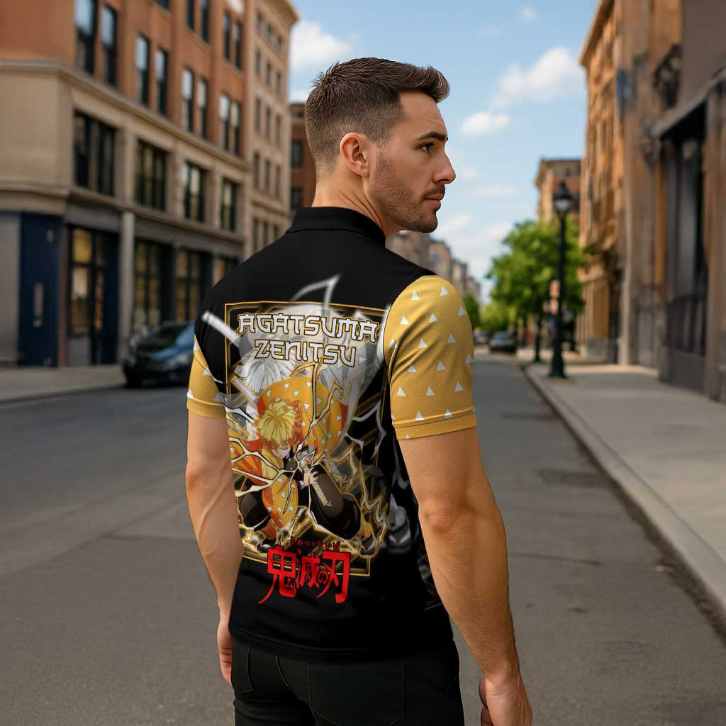 Agatsuma Zenitsu Demon Slayer Zipper Polo Shirt with Yellow and Black Lightning Style Design - The Mazicc