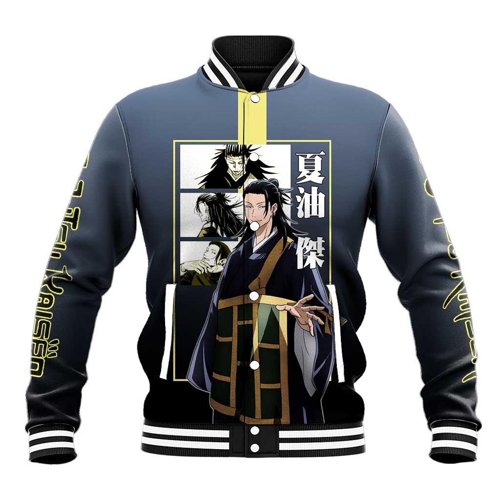 Suguru Geto from Jujutsu Kaisen Baseball Jacket with Yellow and Blue Background and Multiple Poses Design - The Mazicc