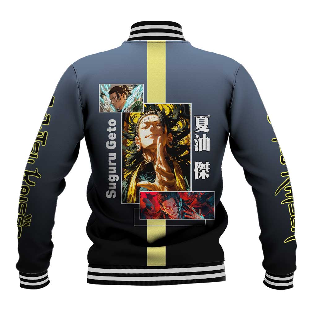 Suguru Geto from Jujutsu Kaisen Baseball Jacket with Yellow and Blue Background and Multiple Poses Design - The Mazicc