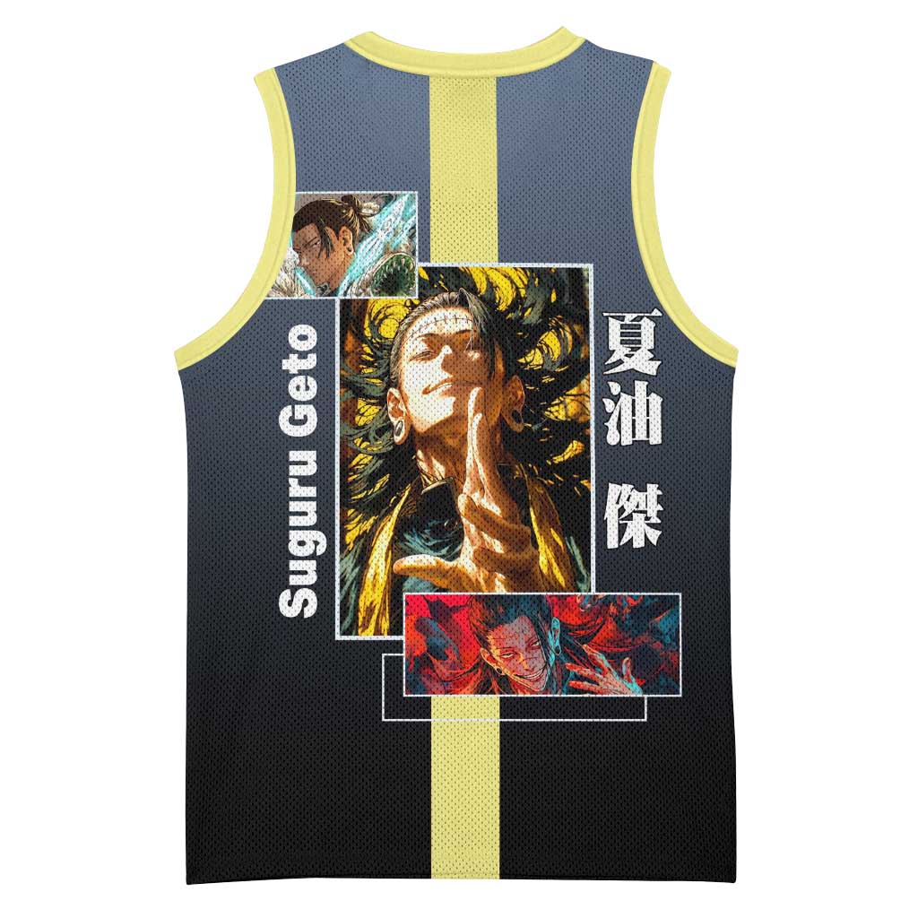 Suguru Geto from Jujutsu Kaisen Basketball Jersey with Yellow and Blue Background and Multiple Poses Design - The Mazicc