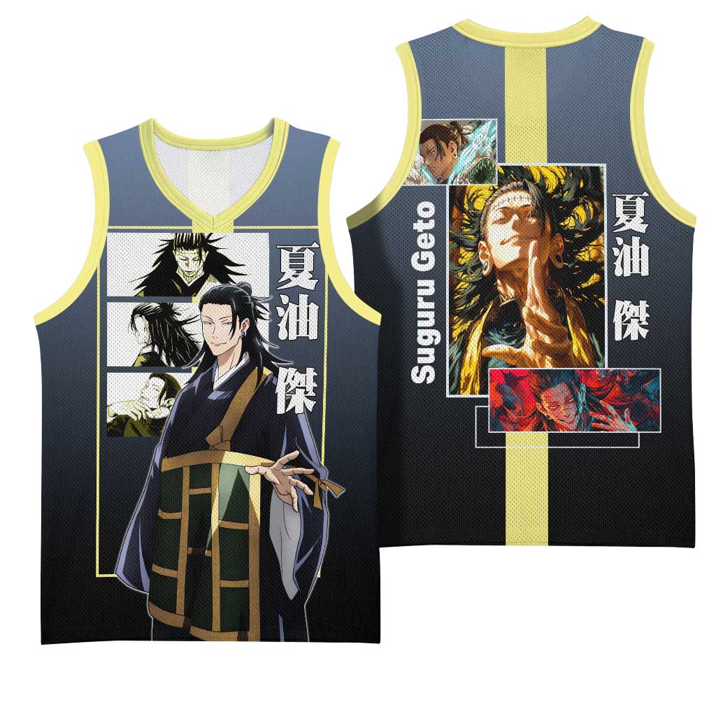 Suguru Geto from Jujutsu Kaisen Basketball Jersey with Yellow and Blue Background and Multiple Poses Design - The Mazicc