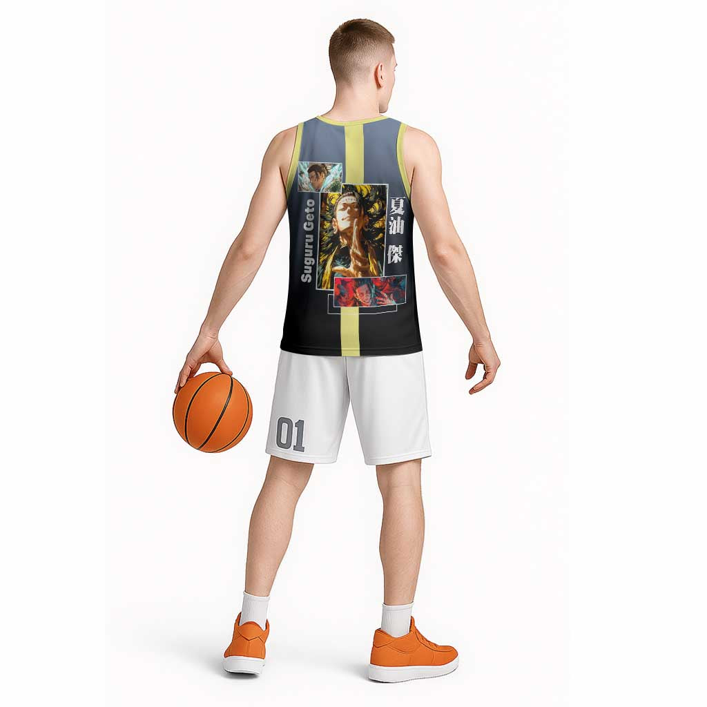 Suguru Geto from Jujutsu Kaisen Basketball Jersey with Yellow and Blue Background and Multiple Poses Design - The Mazicc