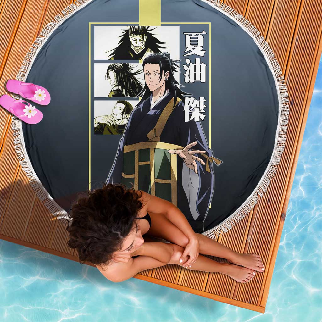 Suguru Geto from Jujutsu Kaisen Beach Blanket with Yellow and Blue Background and Multiple Poses Design - The Mazicc