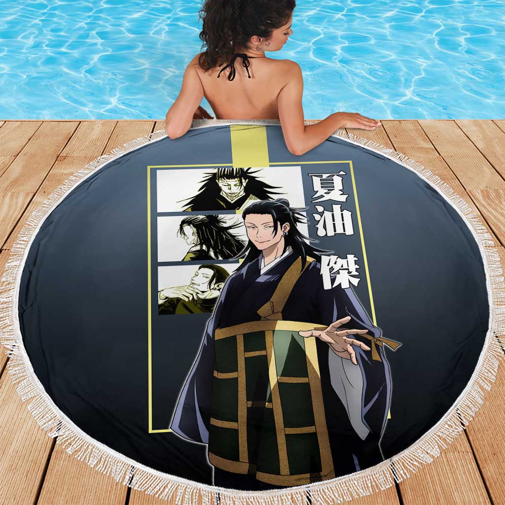 Suguru Geto from Jujutsu Kaisen Beach Blanket with Yellow and Blue Background and Multiple Poses Design - The Mazicc
