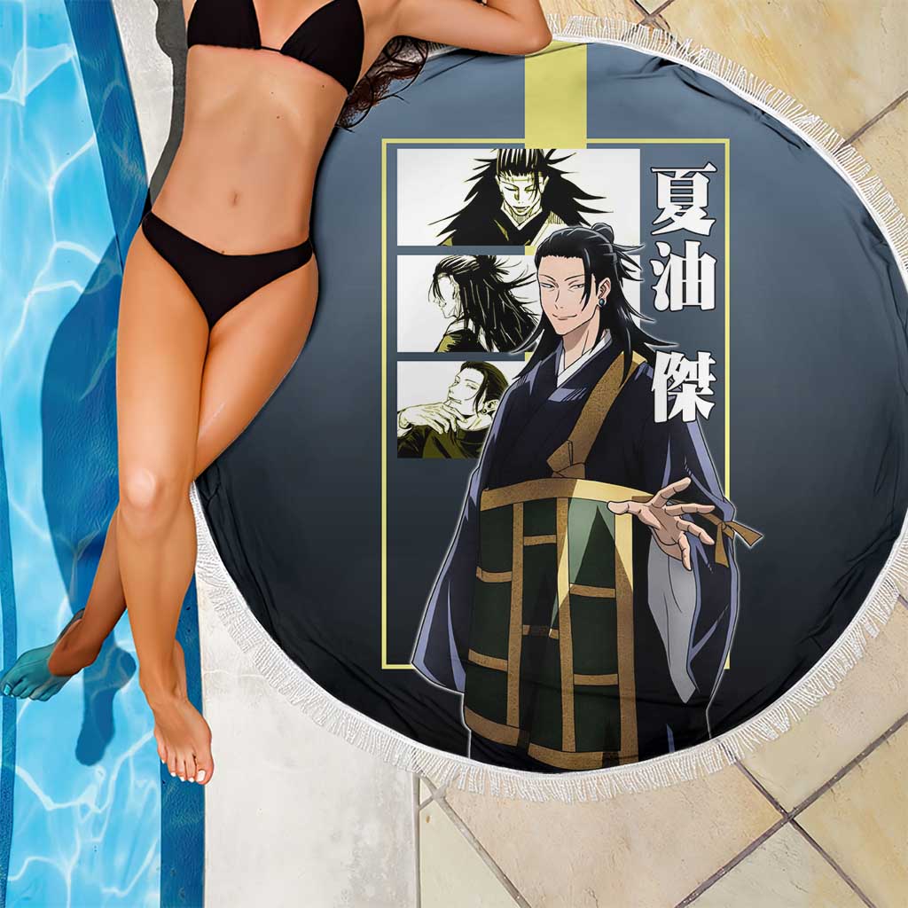 Suguru Geto from Jujutsu Kaisen Beach Blanket with Yellow and Blue Background and Multiple Poses Design - The Mazicc