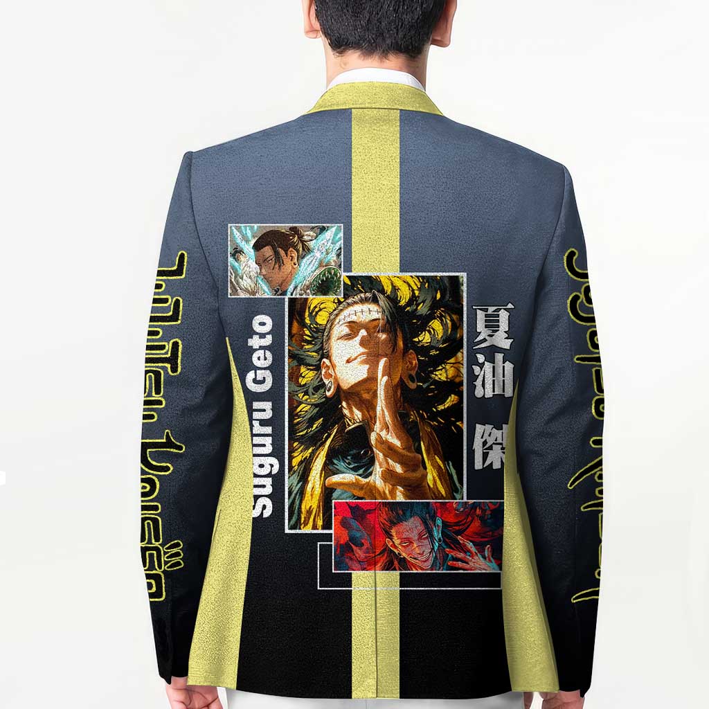 Suguru Geto from Jujutsu Kaisen Blazer with Yellow and Blue Background and Multiple Poses Design - The Mazicc