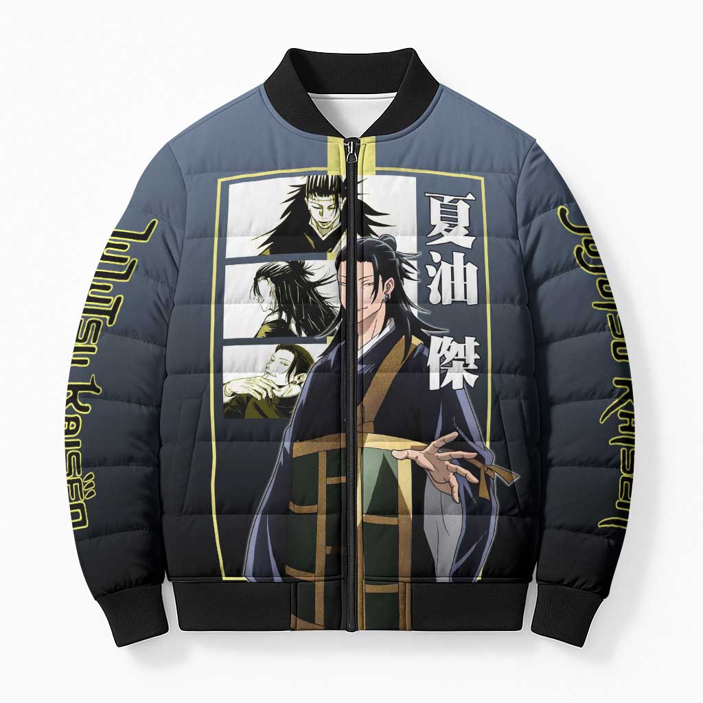 Suguru Geto from Jujutsu Kaisen Bomber Puffer Jacket with Yellow and Blue Background and Multiple Poses Design - The Mazicc