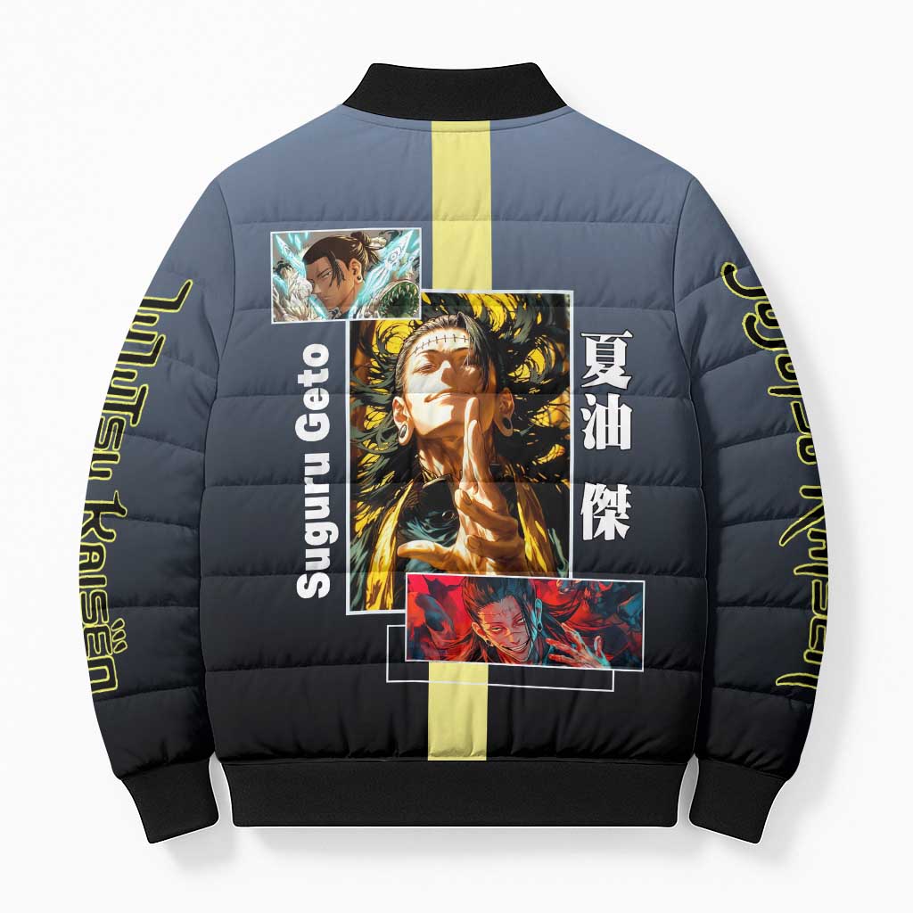 Suguru Geto from Jujutsu Kaisen Bomber Puffer Jacket with Yellow and Blue Background and Multiple Poses Design - The Mazicc