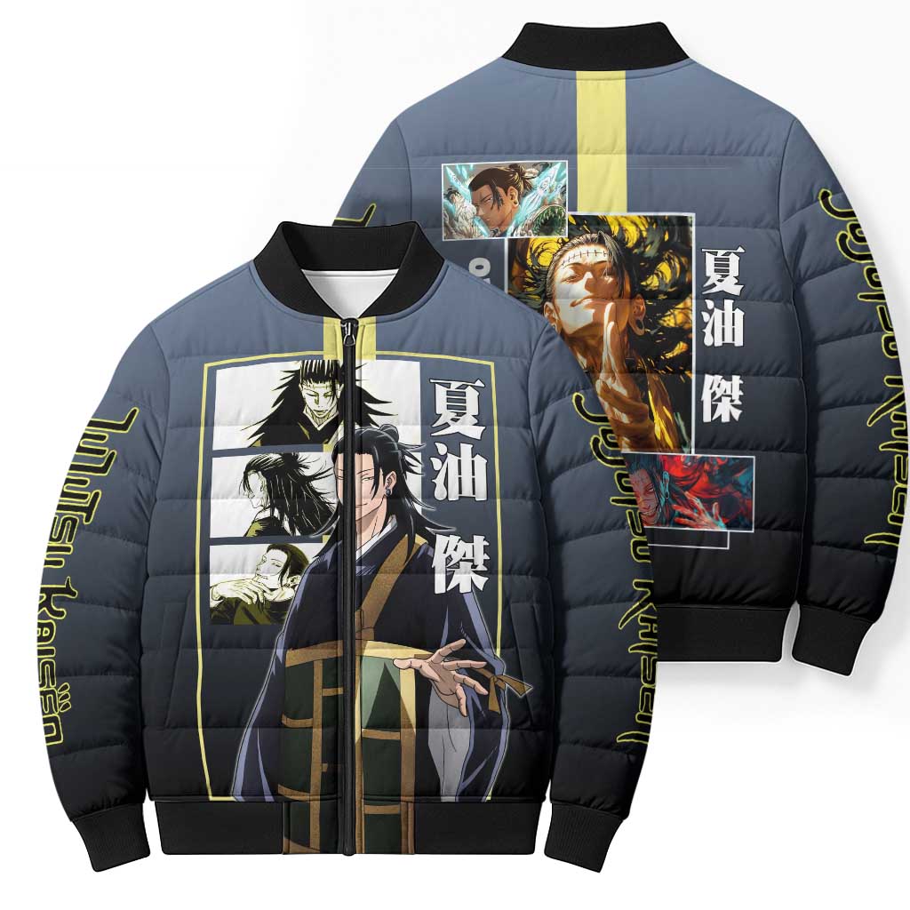 Suguru Geto from Jujutsu Kaisen Bomber Puffer Jacket with Yellow and Blue Background and Multiple Poses Design - The Mazicc