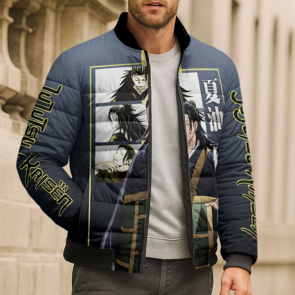 Suguru Geto from Jujutsu Kaisen Bomber Puffer Jacket with Yellow and Blue Background and Multiple Poses Design - The Mazicc