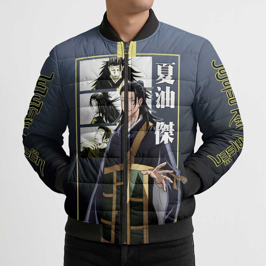 Suguru Geto from Jujutsu Kaisen Bomber Puffer Jacket with Yellow and Blue Background and Multiple Poses Design - The Mazicc