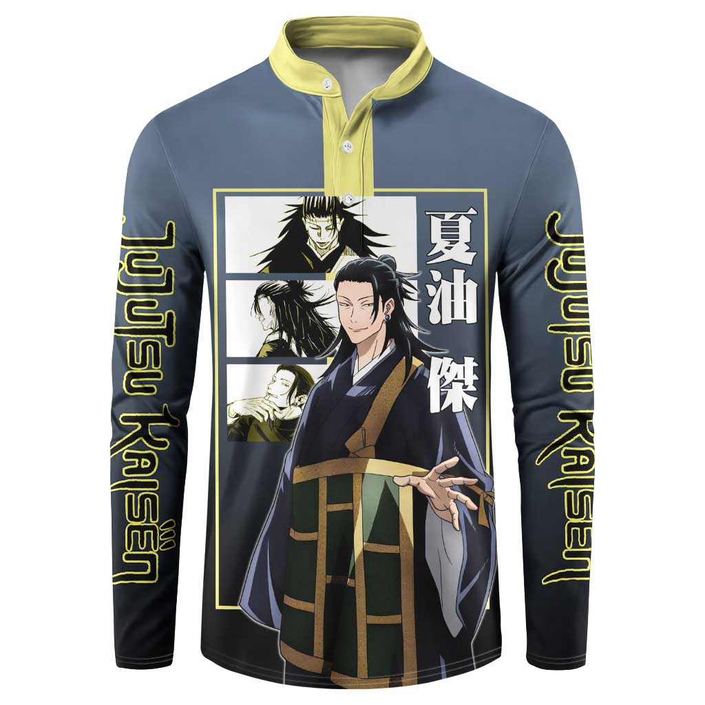 Suguru Geto from Jujutsu Kaisen Button Sweatshirt with Yellow and Blue Background and Multiple Poses Design - The Mazicc