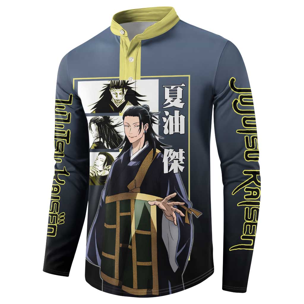 Suguru Geto from Jujutsu Kaisen Button Sweatshirt with Yellow and Blue Background and Multiple Poses Design - The Mazicc