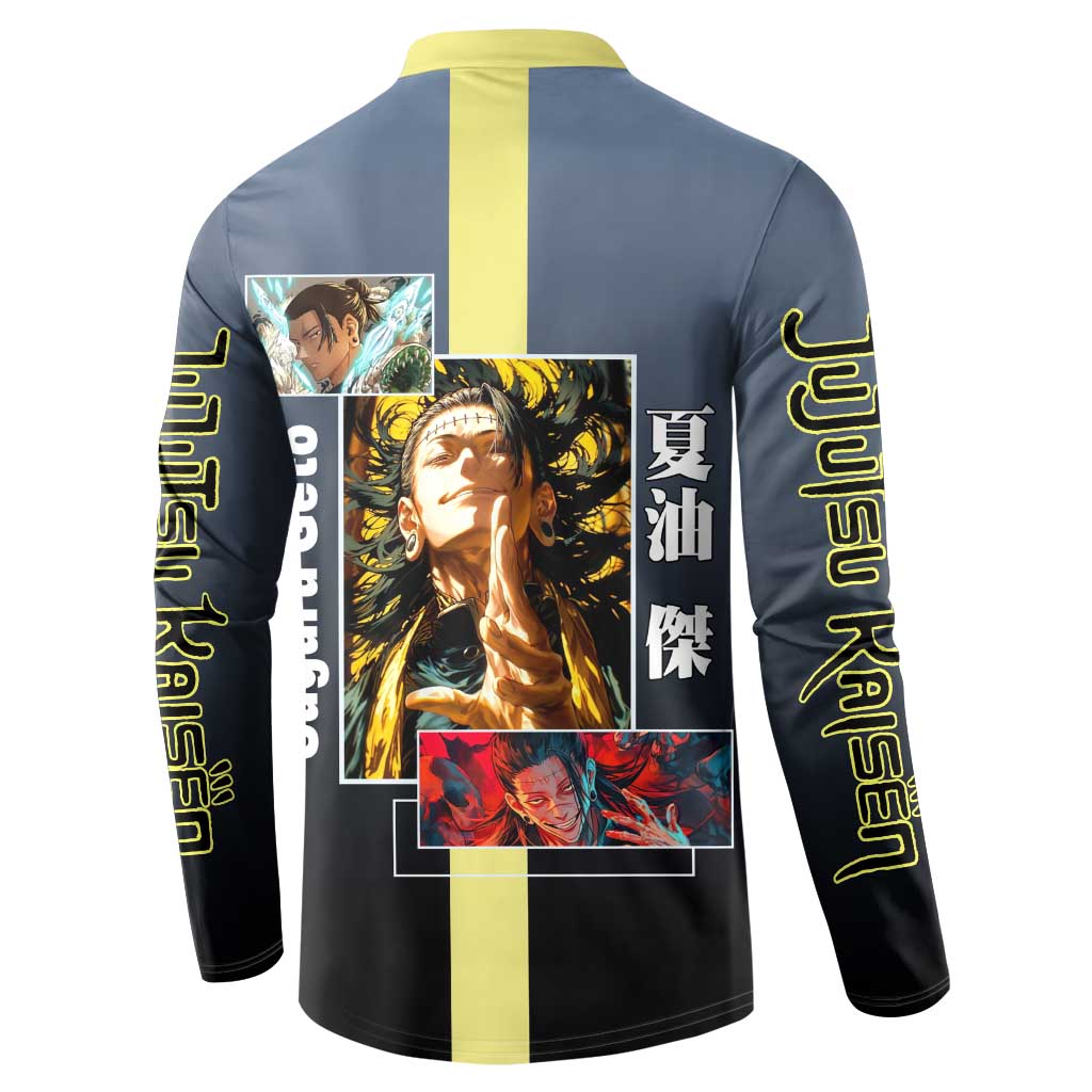 Suguru Geto from Jujutsu Kaisen Button Sweatshirt with Yellow and Blue Background and Multiple Poses Design - The Mazicc