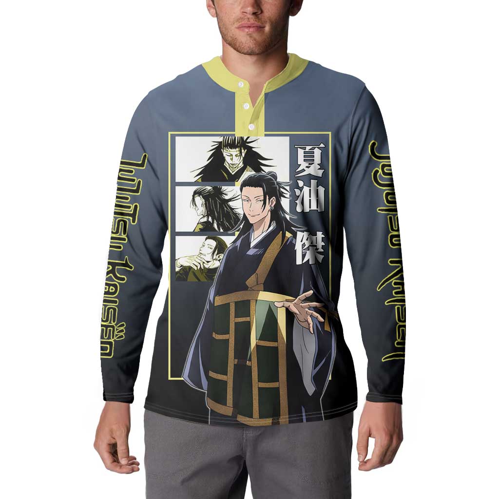 Suguru Geto from Jujutsu Kaisen Button Sweatshirt with Yellow and Blue Background and Multiple Poses Design - The Mazicc