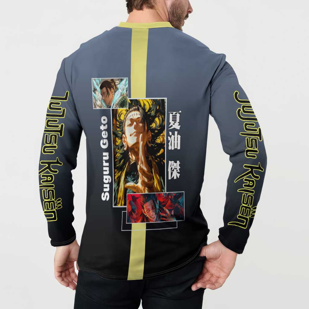 Suguru Geto from Jujutsu Kaisen Button Sweatshirt with Yellow and Blue Background and Multiple Poses Design - The Mazicc