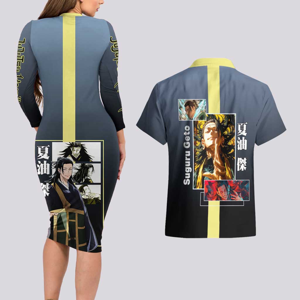 Suguru Geto from Jujutsu Kaisen Couples Matching Long Sleeve Bodycon Dress and Hawaiian Shirt with Yellow and Blue Background and Multiple Poses Design - The Mazicc