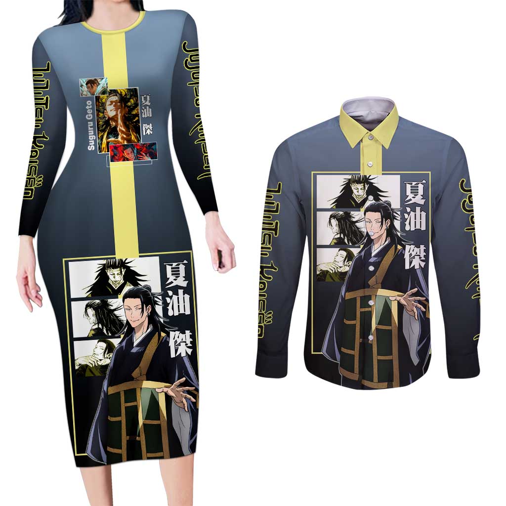 Suguru Geto from Jujutsu Kaisen Couples Matching Long Sleeve Bodycon Dress and Long Sleeve Button Shirt with Yellow and Blue Background and Multiple Poses Design - The Mazicc