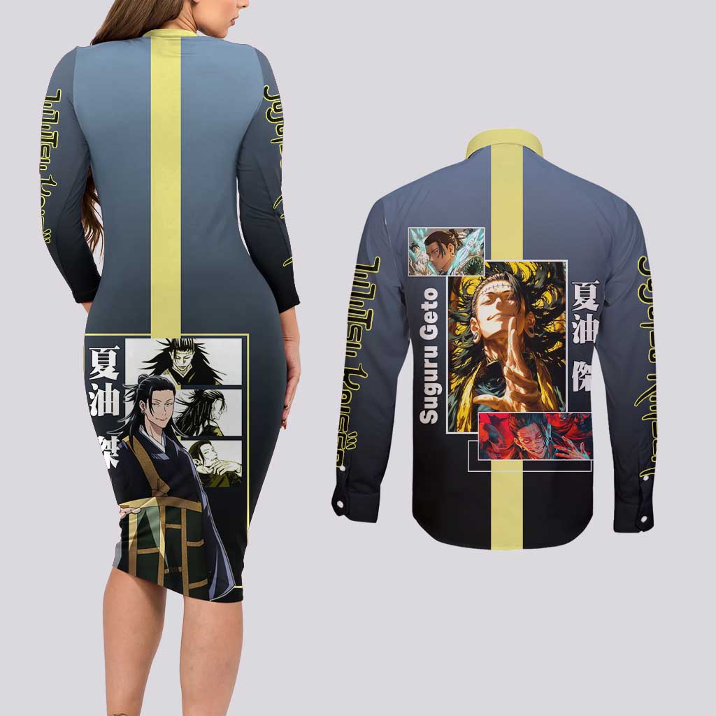 Suguru Geto from Jujutsu Kaisen Couples Matching Long Sleeve Bodycon Dress and Long Sleeve Button Shirt with Yellow and Blue Background and Multiple Poses Design - The Mazicc