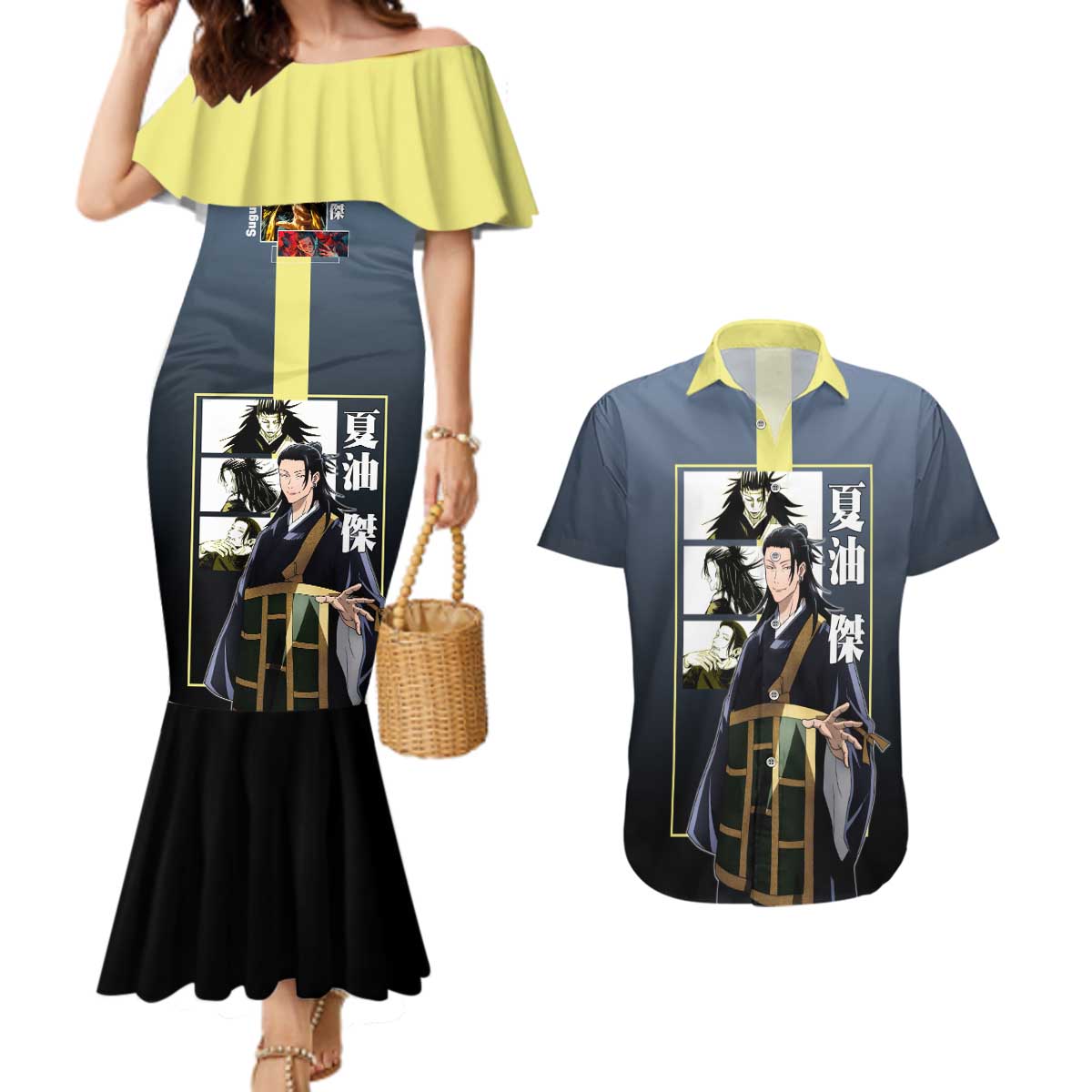 Suguru Geto from Jujutsu Kaisen Couples Matching Mermaid Dress and Hawaiian Shirt with Yellow and Blue Background and Multiple Poses Design - The Mazicc