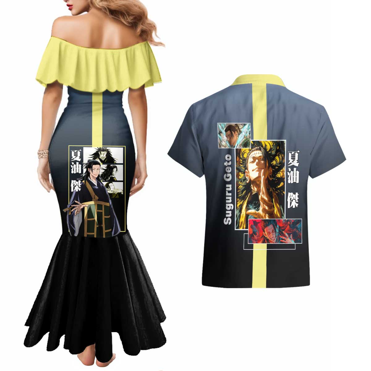 Suguru Geto from Jujutsu Kaisen Couples Matching Mermaid Dress and Hawaiian Shirt with Yellow and Blue Background and Multiple Poses Design - The Mazicc