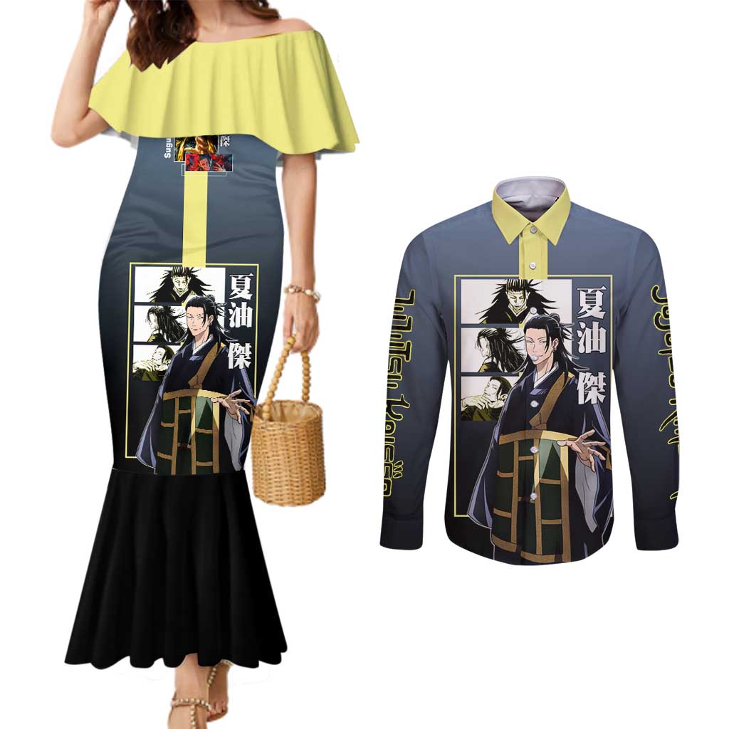 Suguru Geto from Jujutsu Kaisen Couples Matching Mermaid Dress and Long Sleeve Button Shirt with Yellow and Blue Background and Multiple Poses Design - The Mazicc