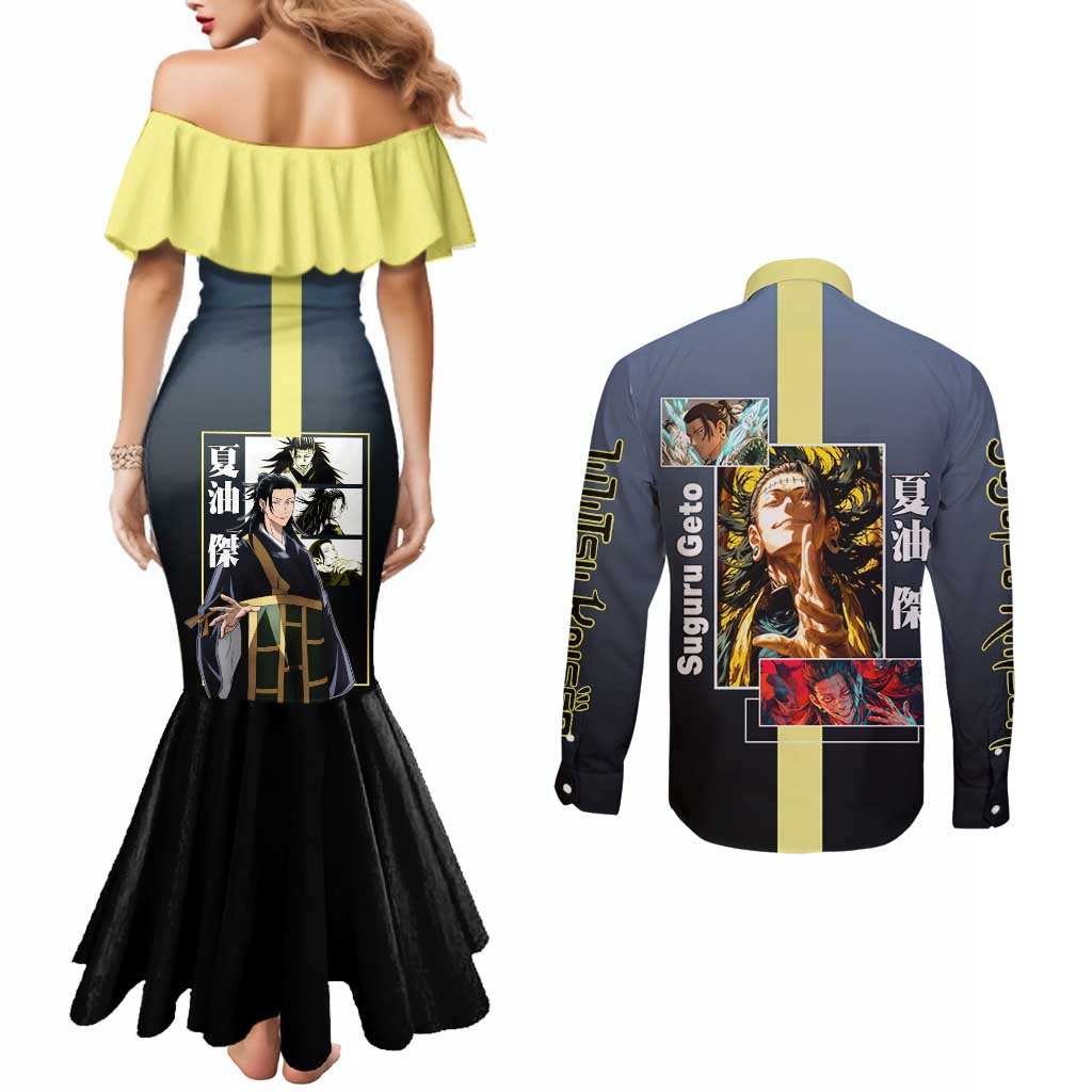 Suguru Geto from Jujutsu Kaisen Couples Matching Mermaid Dress and Long Sleeve Button Shirt with Yellow and Blue Background and Multiple Poses Design - The Mazicc