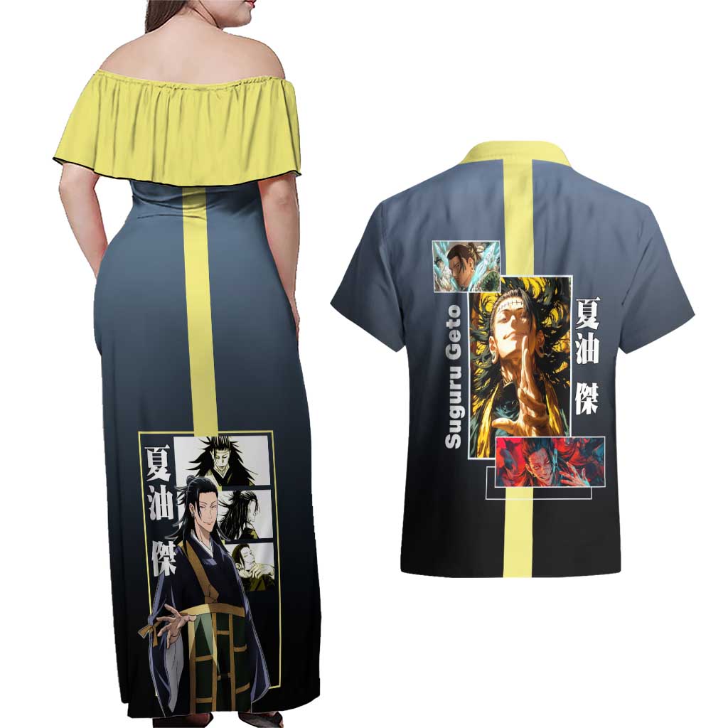 Suguru Geto from Jujutsu Kaisen Couples Matching Off Shoulder Maxi Dress and Hawaiian Shirt with Yellow and Blue Background and Multiple Poses Design - The Mazicc