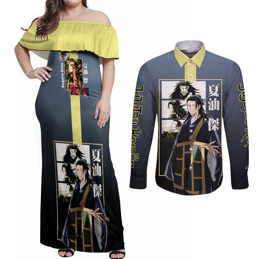 Suguru Geto from Jujutsu Kaisen Couples Matching Off Shoulder Maxi Dress and Long Sleeve Button Shirt with Yellow and Blue Background and Multiple Poses Design - The Mazicc