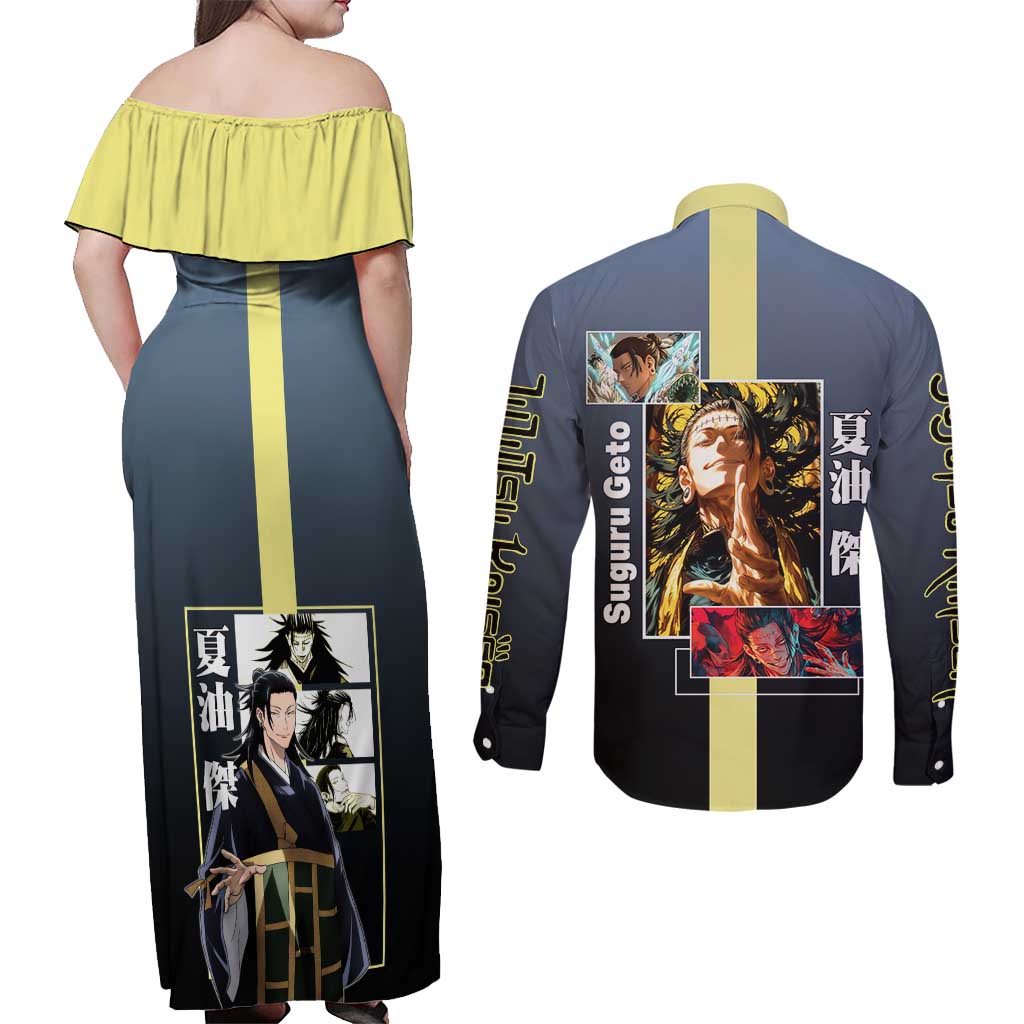 Suguru Geto from Jujutsu Kaisen Couples Matching Off Shoulder Maxi Dress and Long Sleeve Button Shirt with Yellow and Blue Background and Multiple Poses Design - The Mazicc