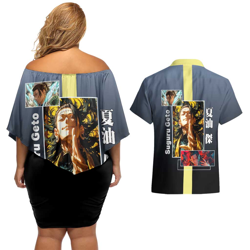 Suguru Geto from Jujutsu Kaisen Couples Matching Off Shoulder Short Dress and Hawaiian Shirt with Yellow and Blue Background and Multiple Poses Design - The Mazicc