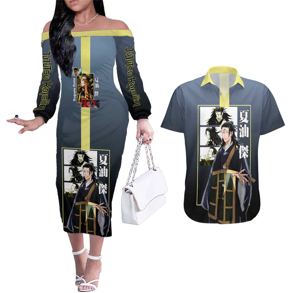 Suguru Geto from Jujutsu Kaisen Couples Matching Off The Shoulder Long Sleeve Dress and Hawaiian Shirt with Yellow and Blue Background and Multiple Poses Design - The Mazicc