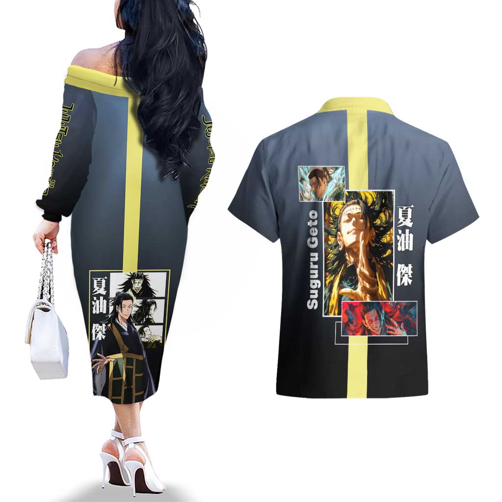 Suguru Geto from Jujutsu Kaisen Couples Matching Off The Shoulder Long Sleeve Dress and Hawaiian Shirt with Yellow and Blue Background and Multiple Poses Design - The Mazicc