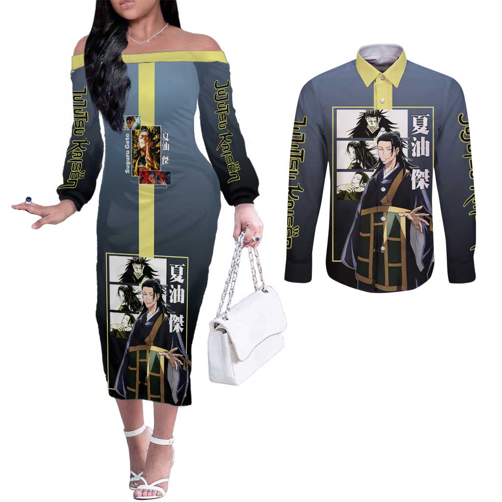 Suguru Geto from Jujutsu Kaisen Couples Matching Off The Shoulder Long Sleeve Dress and Long Sleeve Button Shirt with Yellow and Blue Background and Multiple Poses Design - The Mazicc