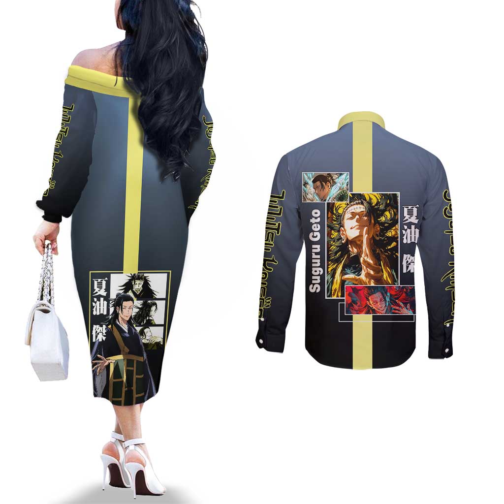 Suguru Geto from Jujutsu Kaisen Couples Matching Off The Shoulder Long Sleeve Dress and Long Sleeve Button Shirt with Yellow and Blue Background and Multiple Poses Design - The Mazicc